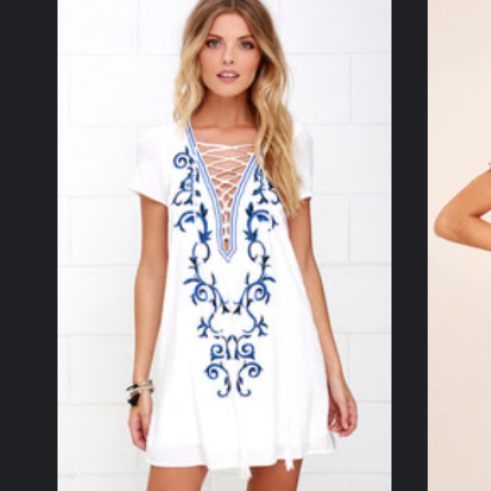 Lulu's White and Blue Embroidered Dress